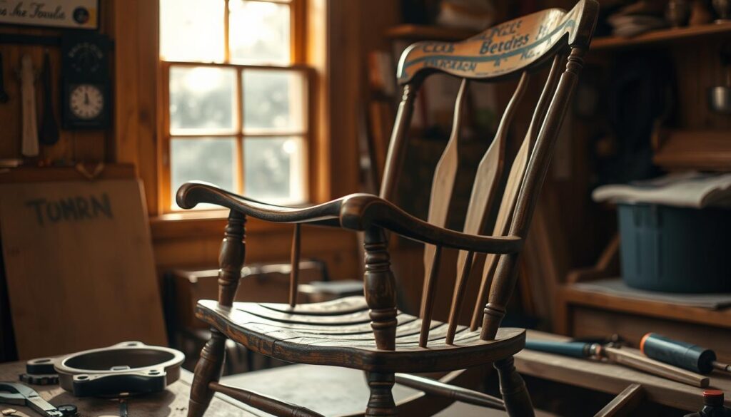 A wooden rocking chair sits in a cozy, well-lit workshop. The chair's worn runners are being carefully reglued, with tools like clamps, glue, and sandpaper visible on the workbench. Warm, natural lighting filters in through a window, casting a soft glow on the scene. The chair's intricate design and aged patina suggest it has been lovingly used over the years. The focus is on the delicate process of restoring the chair's essential components, with attention to detail and a sense of care and craftsmanship.