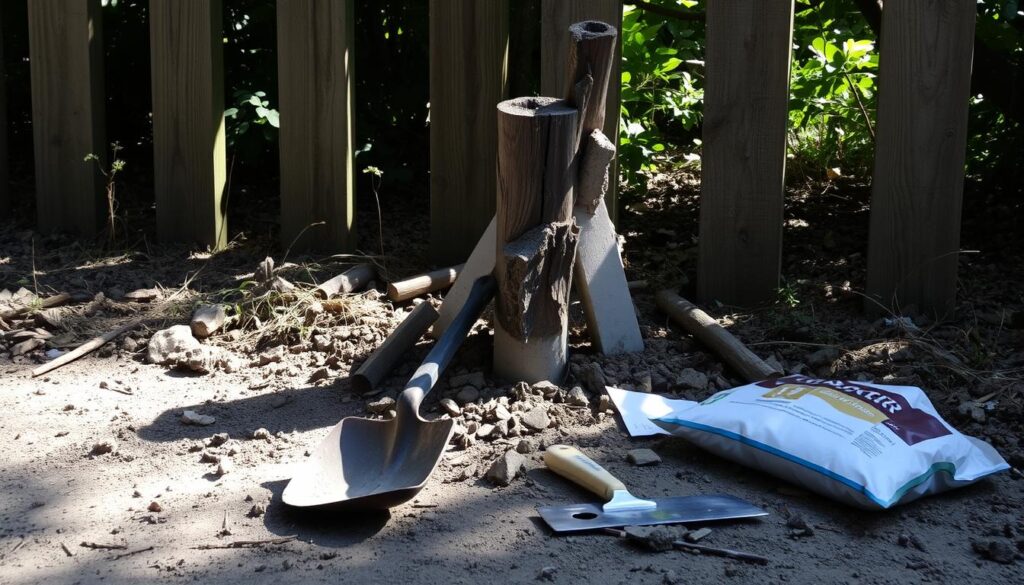 A worn, wooden fence post lies broken, its concrete spur partially exposed. Sunlight filters through the surrounding foliage, casting soft shadows on the ground. In the foreground, tools and materials - a shovel, a bag of concrete mix, and a trowel - are neatly arranged, ready for the repair process. The scene conveys a sense of quiet determination, as the viewer prepares to undertake the necessary steps to restore the damaged fence post and secure the structure once more.