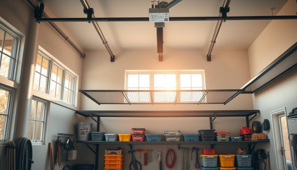 An airy, well-lit garage interior with a large, functional overhead storage unit installed. The unit features sturdy metal shelves and a matte black frame, seamlessly integrated into the space. Warm natural light filters in through large windows, casting a soft glow on the neatly organized storage containers and tools below. The scene conveys a sense of order and efficiency, hinting at the pre-installation preparation needed to maximize the garage's potential. The camera angle is from a high, oblique perspective, showcasing the unit's scale and accessibility.