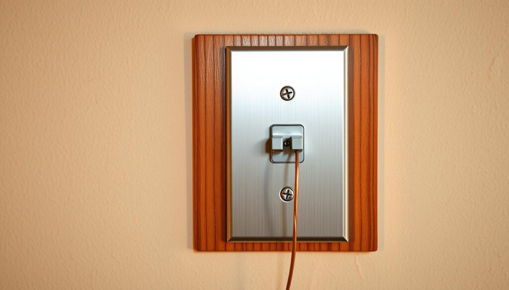 An earthing light switch, secured to a wooden electrical box, sits flush against a textured plaster wall. The switch's metallic faceplate gleams under warm, diffused lighting, casting soft shadows that highlight its sleek, minimalist design. Thin copper wires emerge from the box, their ends neatly connected to the switch's grounding terminals, ensuring a secure electrical path to earth. The overall scene conveys a sense of orderly functionality, reflecting the importance of proper earthing for safe and reliable light switch operation.