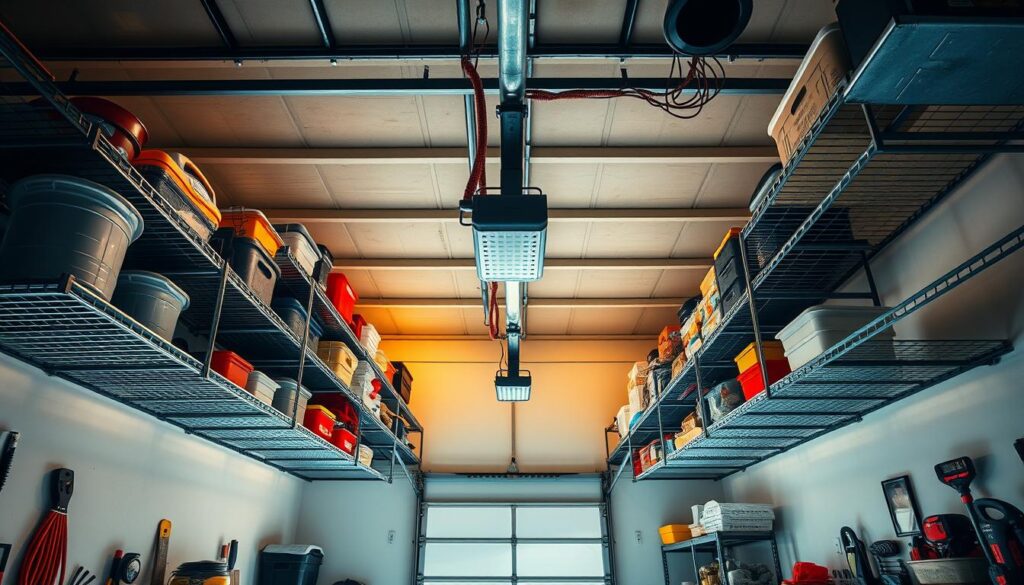 An expansive, well-lit garage interior with an organized overhead storage system. A high-angle perspective showcases rows of sturdy metal shelves mounted on the ceiling, filled with neatly stacked containers, tools, and seasonal items. The shelves are illuminated by warm, diffused lighting, casting a cozy, functional atmosphere. The garage walls are clean and uncluttered, with ample space beneath the overhead racks, emphasizing the efficient use of vertical space. The overall scene conveys a sense of order, productivity, and maximized storage potential within the practical confines of the garage.
