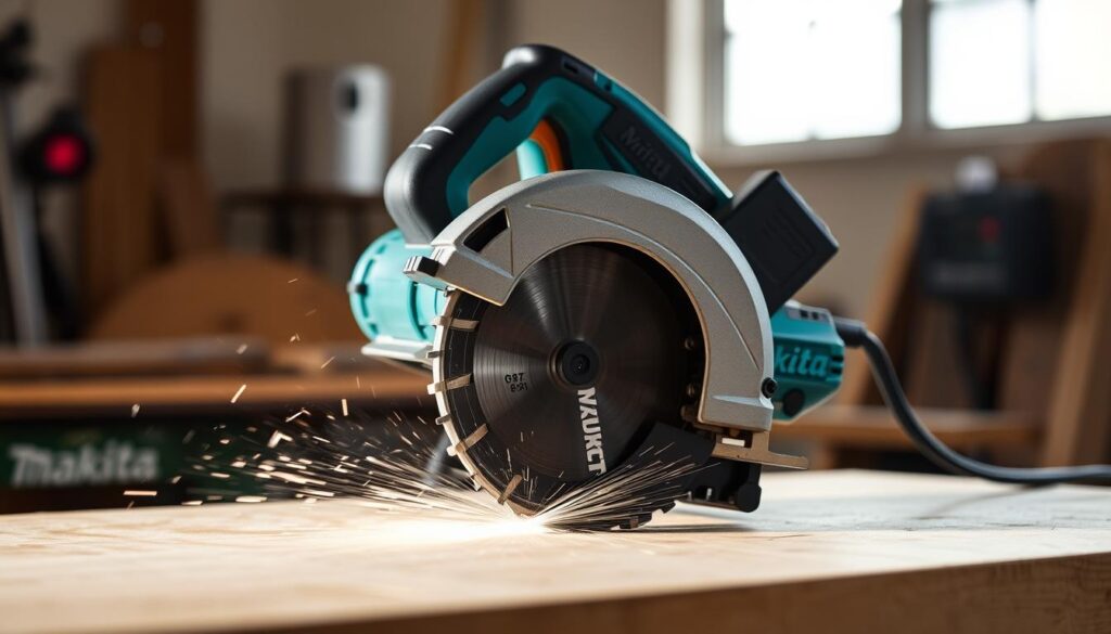 An image of Makita HS301DZ Mini Circular Saw in action, cutting through a thin sheet material.