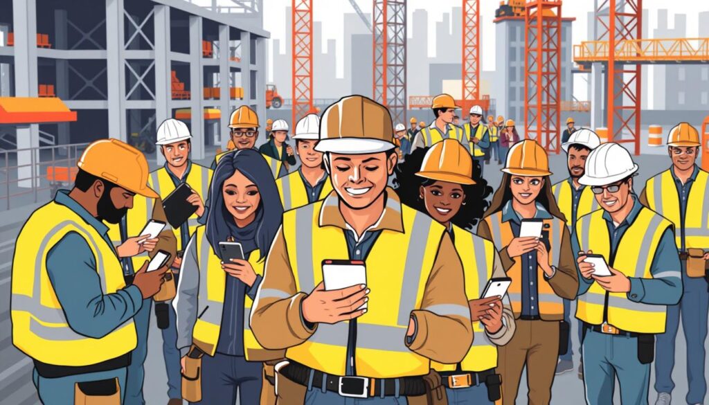 An image of a construction site with workers using Workyard on their mobile devices