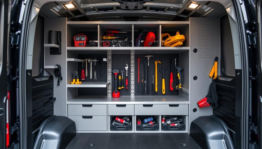 An image of a modular storage system in a van, with different modules and compartments for various tools.