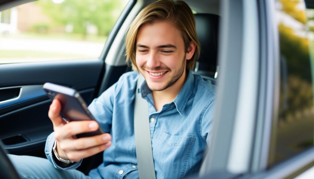 An image of a person using Timeero on a mobile device while driving