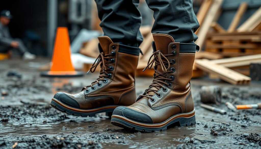 An image of a worker wearing waterproof work boots in a wet and muddy construction site.