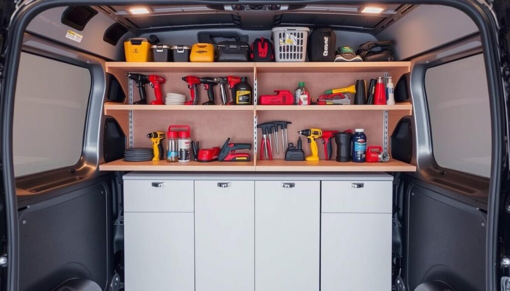 An image of an open shelving system installed in a van, with various tools organised on the shelves.