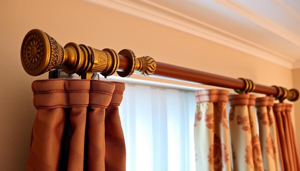 An image of decorative curtain pole brackets in a gold finish, supporting a wooden curtain pole with luxurious curtains.