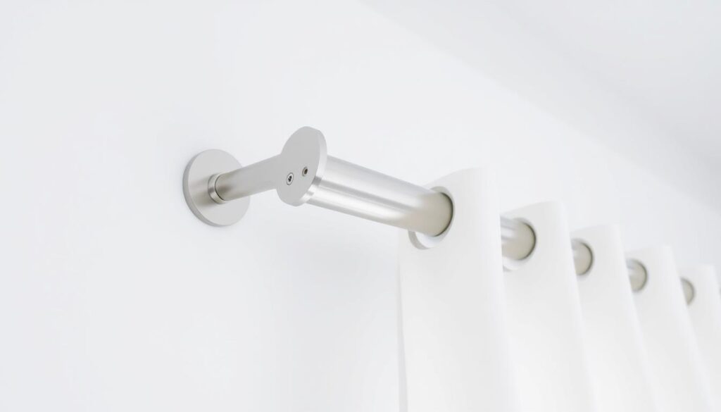 An image of standard metal curtain brackets installed on a white wall supporting a silver curtain pole.