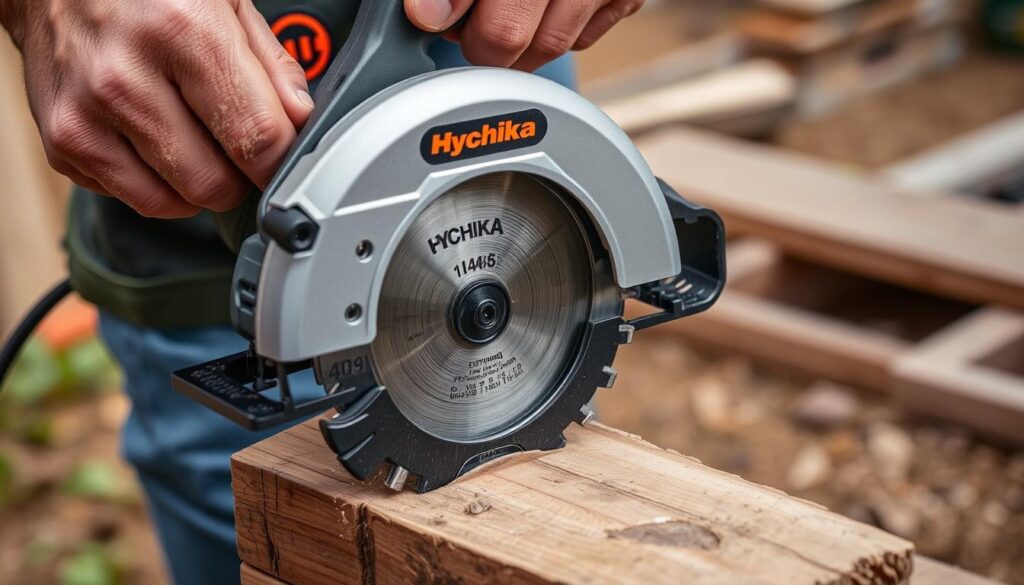 An image of the Hychika Mini Circular Saw in use, cutting through a piece of wood.