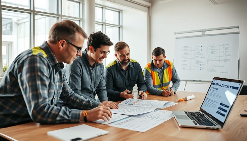 An open-plan office setting, with a team of engineers and safety managers gathered around a conference table, reviewing and discussing a detailed method statement document. Soft, natural lighting filters in through large windows, creating a productive and collaborative atmosphere. The participants lean in, engaged in animated discussion, gesturing towards diagrams and checklists laid out before them. In the background, a whiteboard displays step-by-step implementation guidelines, while a sleek laptop displays a digital version of the method statement. The scene conveys the careful, methodical approach to ensuring the safe and effective execution of a critical project.