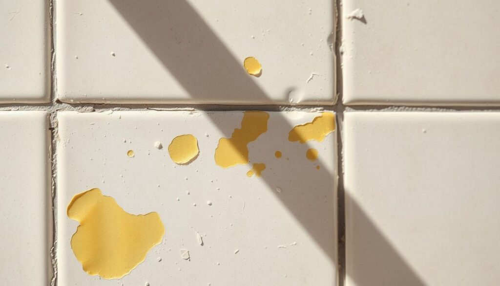 Close-up view of a bathroom tile surface with distinct limescale stains, capturing the uneven, chalky white and yellow discoloration patterns. The tiles have a slightly worn, matte finish, adding to the sense of neglect. Bright, directional lighting casts sharp shadows, emphasizing the textural details of the stains. The camera is positioned at a slight angle, providing a detailed, immersive perspective of the problematic area. The overall mood conveys the need for cleaning and restoration, setting the stage for the article's focus on identifying and addressing this common household issue.