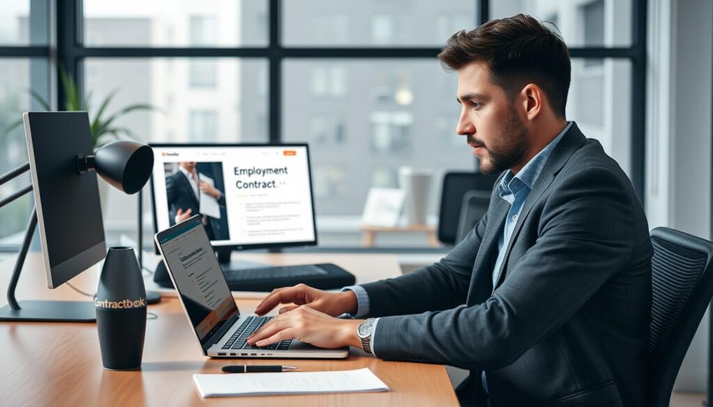 Create an image of a UK-based business owner using a laptop with Contractbook's website open, showcasing a beautifully designed employment contract template.
