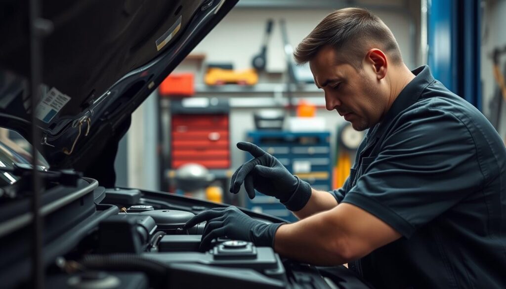 Create an image of a mechanic inspecting a car's engine