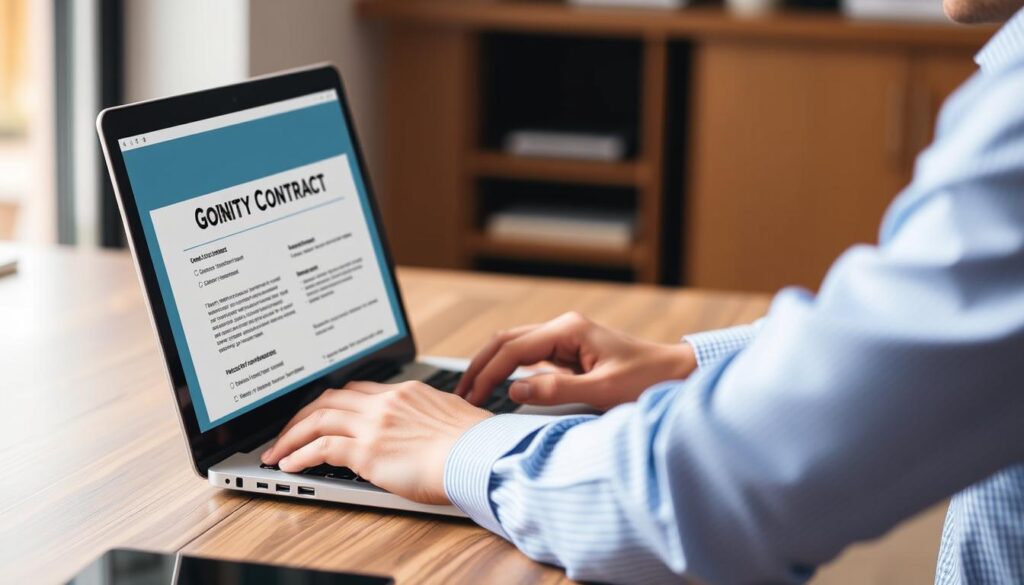 Create an image of a person drafting a job contract template on a computer