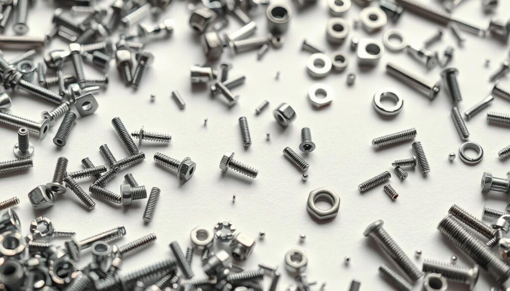 Detailed close-up of an assortment of various metal and plastic mini parts-bin organizer materials, including screws, nuts, washers, and small components. The items are neatly arranged on a clean, white background, with soft, even lighting creating subtle shadows and highlights that emphasize the textures and finishes. The overall composition has a sense of order and precision, reflecting the practical and functional nature of the subject. The image conveys a mood of organization, attention to detail, and a focus on the high-quality construction of the parts-bin organizers.