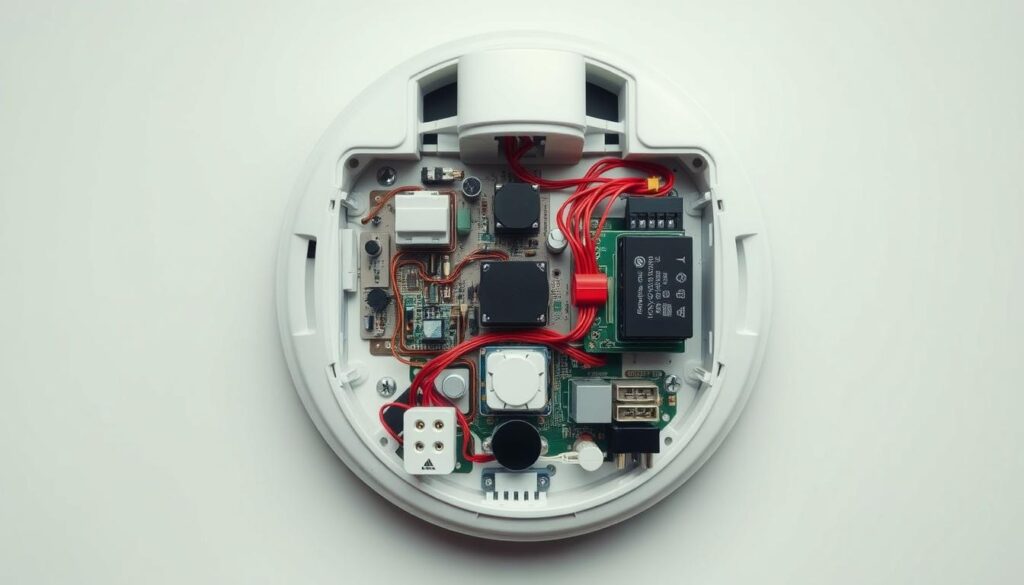 Detailed, high-resolution image of the internal circuitry of a smoke alarm interlink system. Visible components include the interconnected control modules, sensors, power supply, and communication interfaces. The circuitry is showcased against a neutral background, with precise lighting to highlight the intricate details and technical nature of the design. The image conveys a sense of precision engineering and functionality, with a focus on the technical aspects relevant to troubleshooting interlink issues.