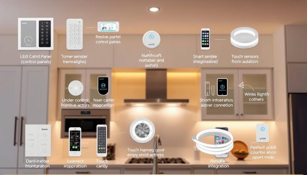 Detailed image of LED strip lighting control options, showcasing a variety of control panels, remote controls, and smart home integration. Set against a clean, minimalist kitchen backdrop with a soft, warm lighting atmosphere. Capture the simplicity and convenience of under-cabinet lighting control, highlighting intuitive interface designs, touch sensors, and wireless connectivity. Emphasize the technical features and user-friendly operation to align with the article's focus on lighting customization and integration.