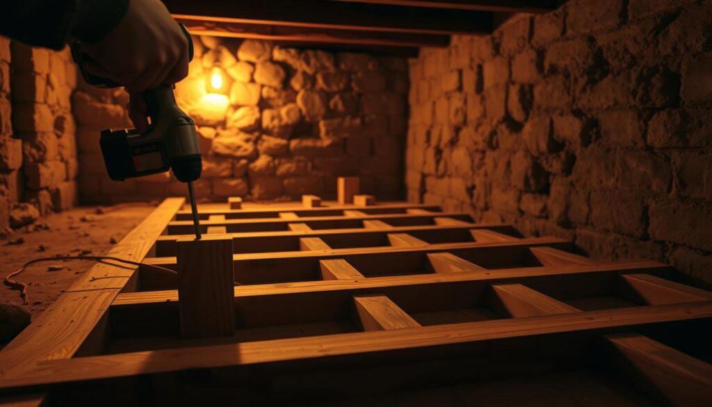 Detailed image of a squeaky floor repair process in a dimly lit basement. In the foreground, a carpenter's hands are carefully installing wooden support blocks between exposed floor joists, using a power drill. The middle ground shows the subfloor and joists with visible gaps, indicating the source of the squeaks. In the background, the rough-hewn basement walls and dimly lit corners create a sense of a practical, utilitarian space. Warm, directional lighting from a workbench lamp casts shadows, highlighting the textures of the wooden beams and emphasizing the repair process. The overall mood is one of focused, hands-on problem-solving in a utilitarian environment.
