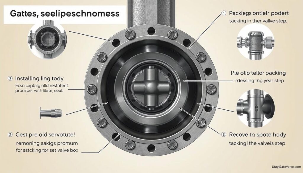 Detailed technical illustration of a gate valve repacking process. Centered view of a cross-sectioned gate valve, with various components clearly visible - the valve body, gate, packing gland, and stuffing box. Closeup view, with muted neutral tones and subtle lighting from the side, highlighting the intricate mechanics. Emphasis on the process of removing the old packing and installing the new, with the steps of the procedure shown in a sequential, step-by-step manner. Precise rendering of the metal surfaces, seals, and other materials, conveying a sense of industrial precision. Overall, a clean, informative, and visually engaging image to complement the instructional article.