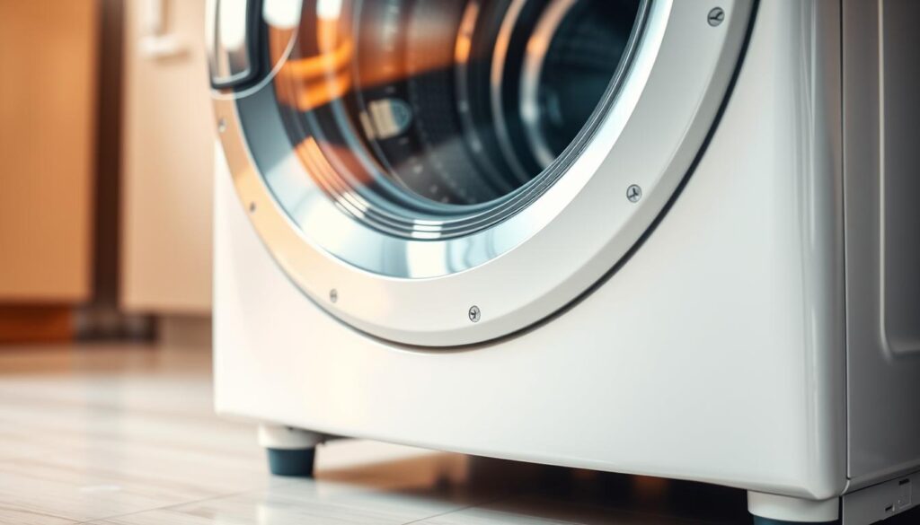 Detailed view of a washing machine's level check mechanism. A modern front-loading washer with a transparent glass door, revealing the interior drum. Focused on the machine's adjustable feet and leveling indicators, showcasing how to properly level the appliance for optimal performance. The scene is brightly lit, with warm lighting accentuating the metallic and plastic components. The angle is slightly elevated, providing a clear, unobstructed view of the leveling system. The overall mood is one of precision and functionality, highlighting the importance of ensuring the washing machine is perfectly level.
