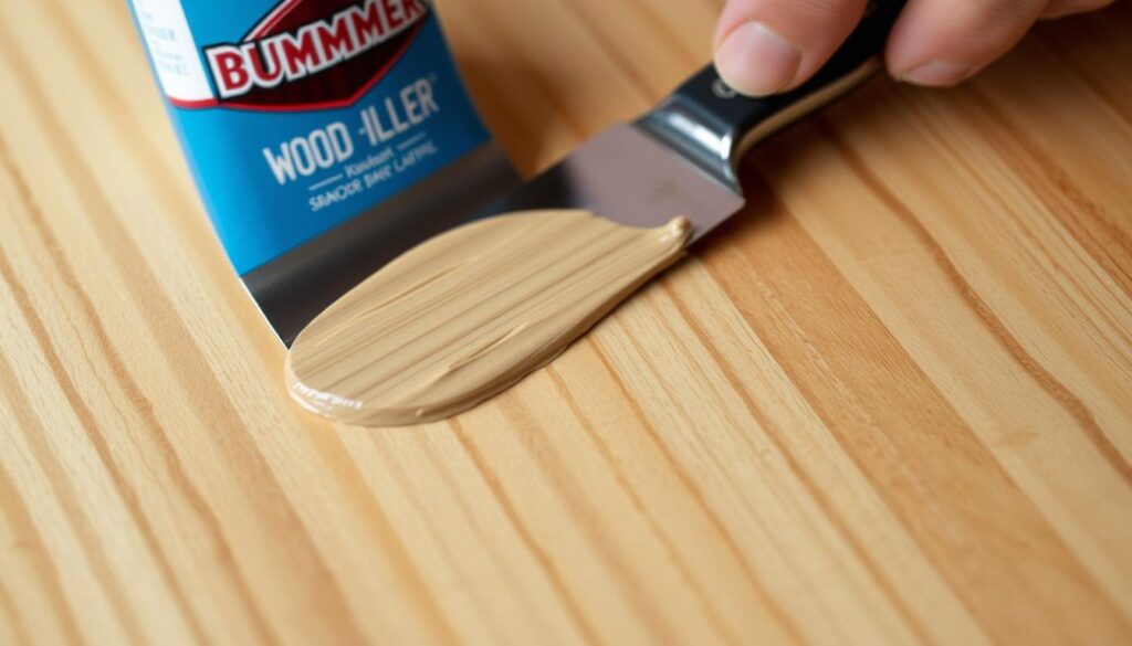 Generate an image of Brummer Wood Filler being applied to a wooden surface