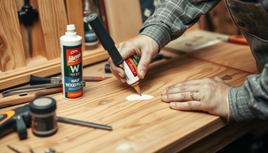 Generate an image of Liberon Wood Filler being used for furniture repair