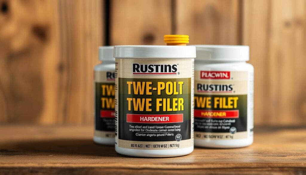 Generate an image of Rustins Two Part Wood Filler packaging with its hardener