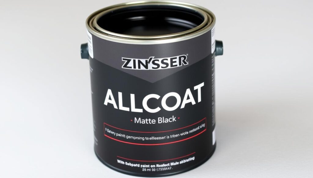 Generate an image of Zinsser AllCoat paint tin with a matt black finish.