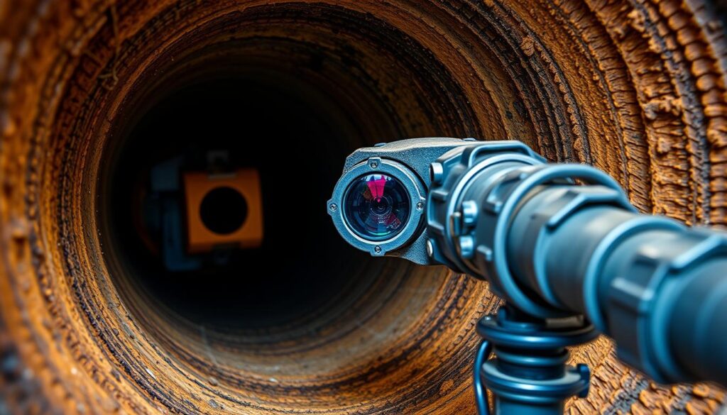 Generate an image of a CCTV drain survey camera inspecting a drainage pipe.