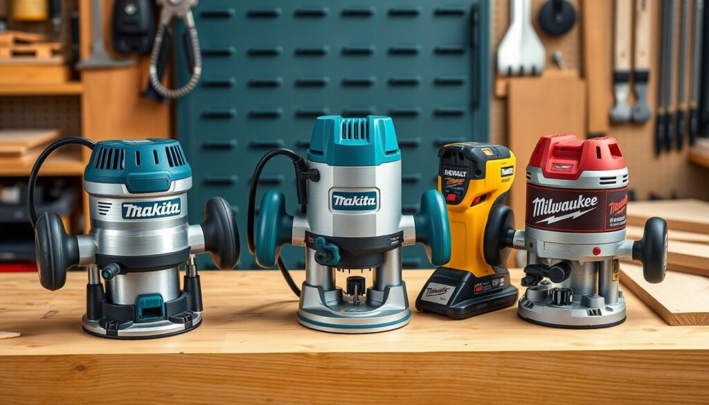 Generate an image of a Makita cordless trim router next to its competitors, such as DeWalt and Milwaukee models, on a workbench.