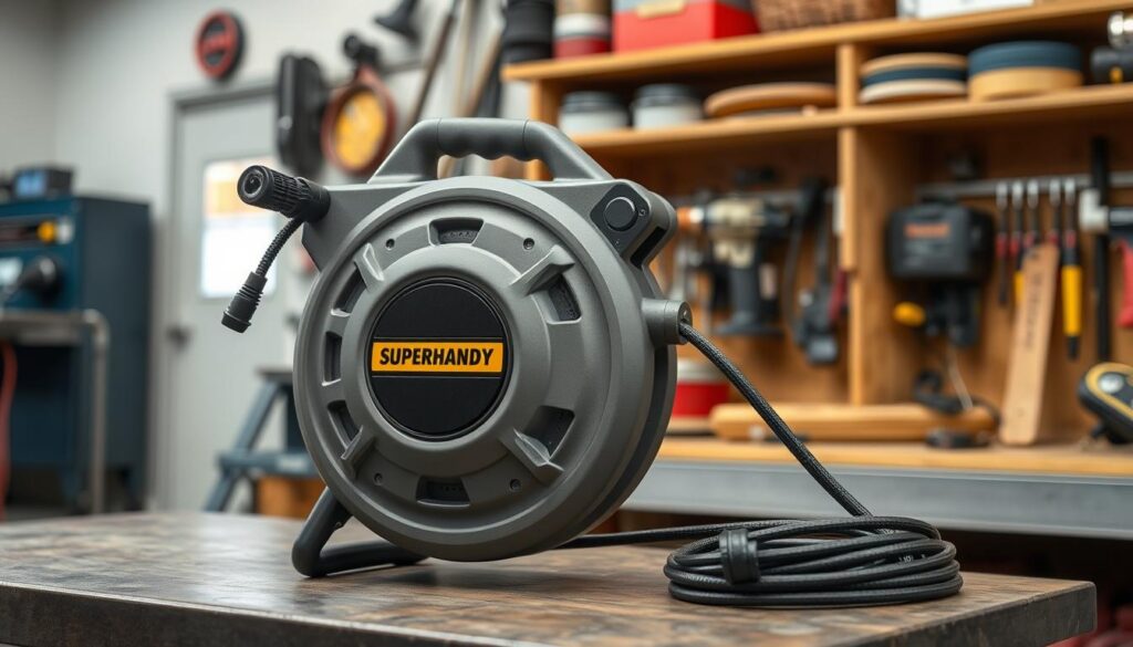 Generate an image of a SuperHandy retractable extension cord reel in a workshop setting.