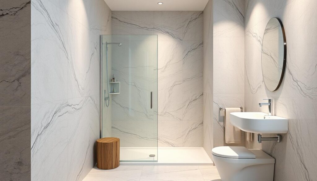 Generate an image of a bathroom with 3D wall panels around the shower area.