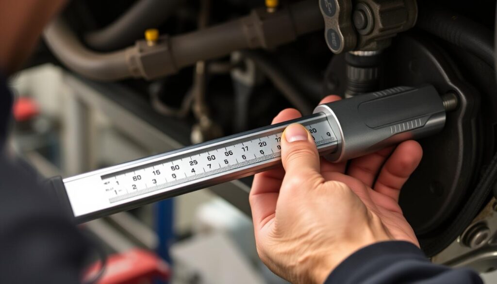 Generate an image of a beam-type torque wrench in use, showing its calibrated beam.