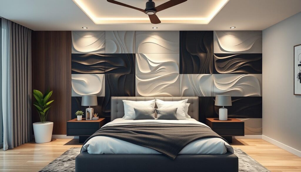 Generate an image of a bedroom with an accent wall made of 3D wall panels.
