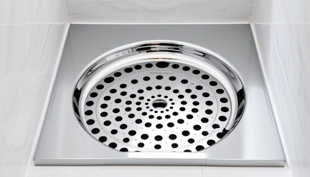 Generate an image of a chrome shower tray waste
