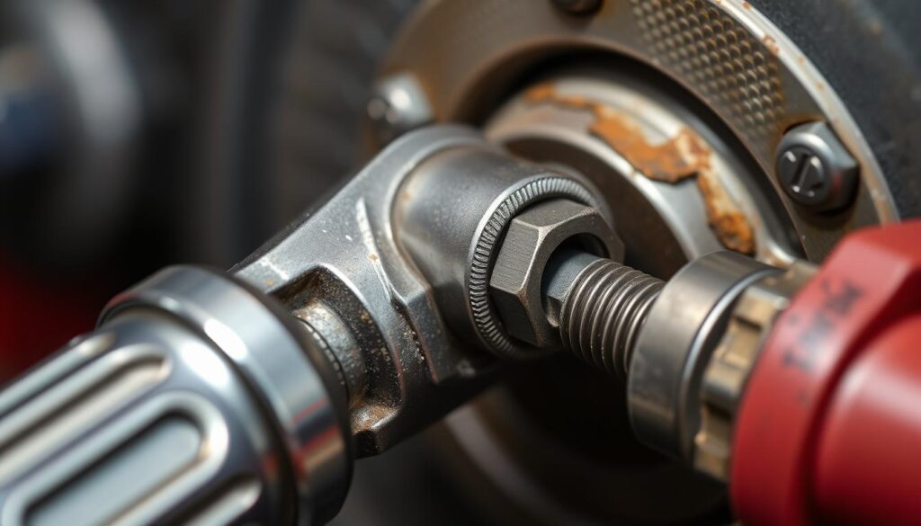 Generate an image of a click-type torque wrench being used to tighten a bolt.