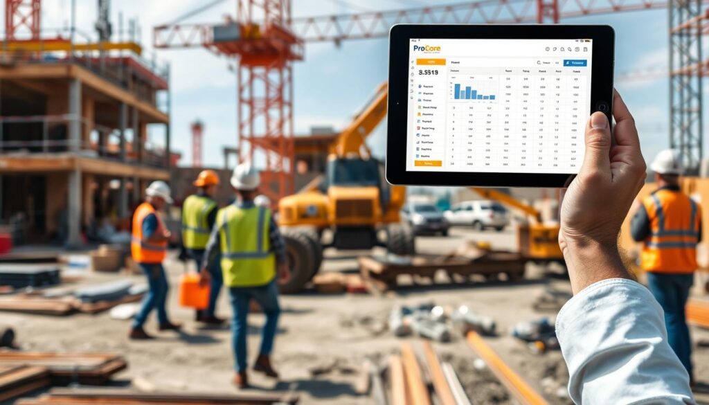 Generate an image of a construction site with a tablet displaying Procore's time-tracking interface.