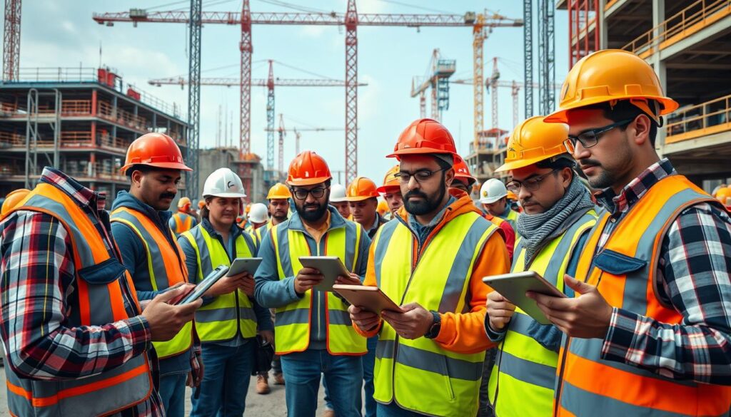 Generate an image of a construction site with workers using tablets to track their time.