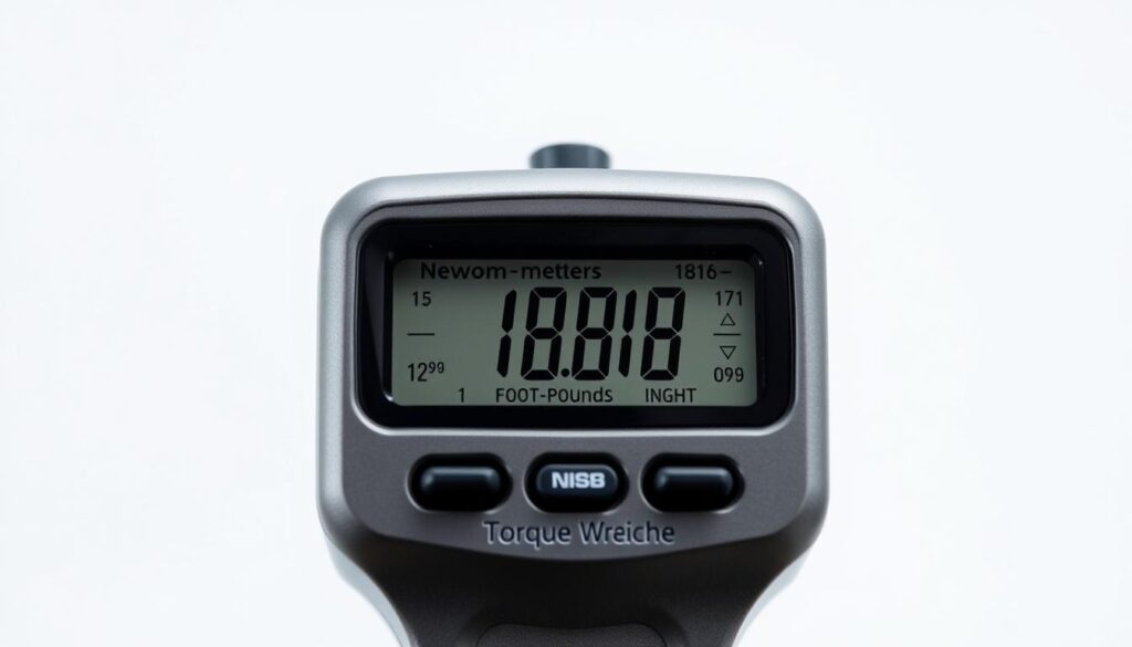 Generate an image of a digital torque wrench displaying various measurement units.