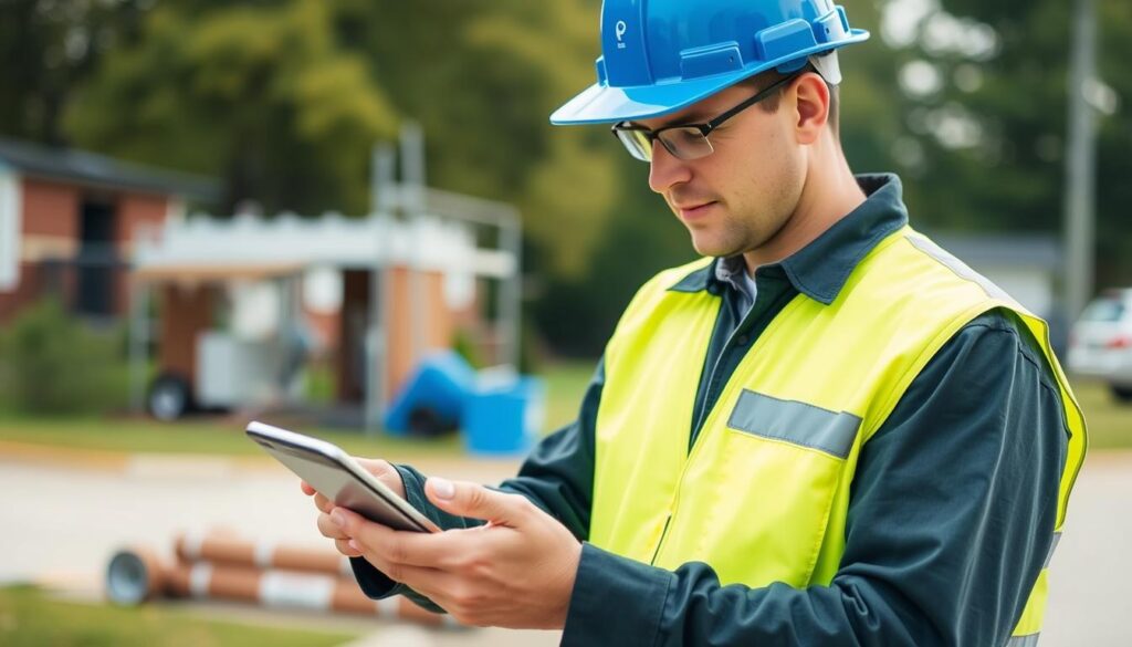 Generate an image of a field service worker using ClockShark on a mobile device