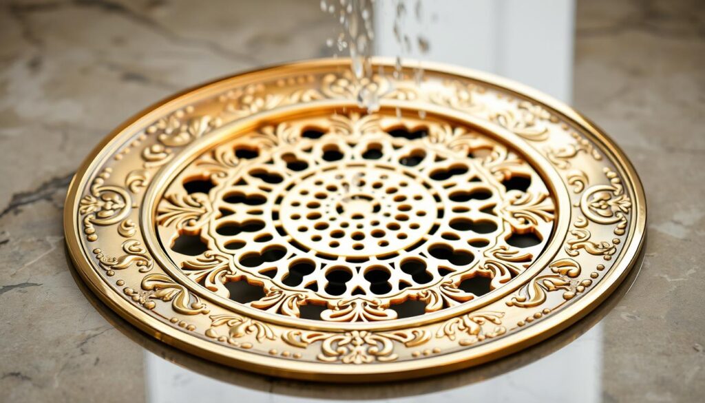 Generate an image of a gold shower tray waste