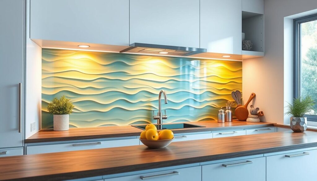 Generate an image of a kitchen with a 3D wall panel backsplash.