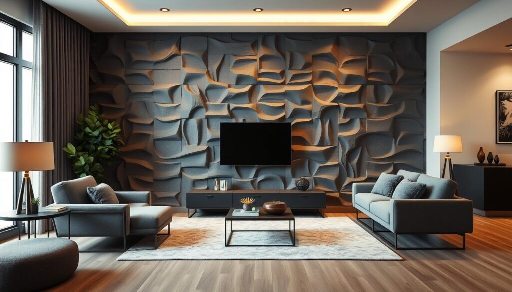 Generate an image of a living room with a feature wall made of 3D wall panels.
