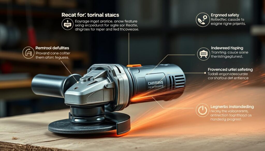 Generate an image of a modern angle grinder with advanced safety features