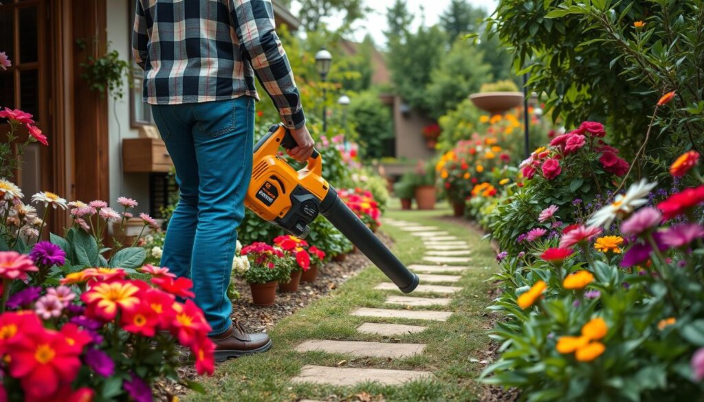 Generate an image of a person using a cordless leaf blower in a small garden