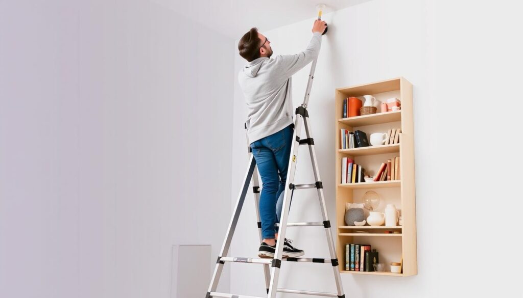 Generate an image of a person using a multi-purpose ladder for various tasks around the house.