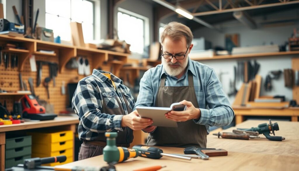 Generate an image of a professional valuer assessing tools and equipment in a workshop.