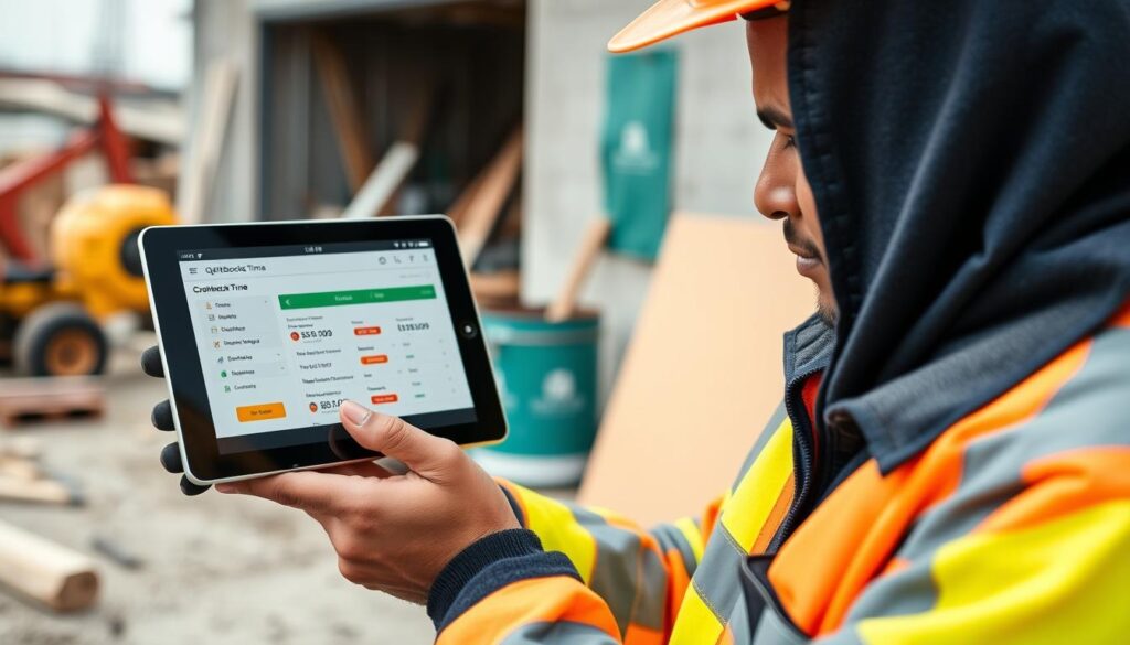 Generate an image of a tradesperson using a tablet with QuickBooks Time on the screen, in a construction site setting.