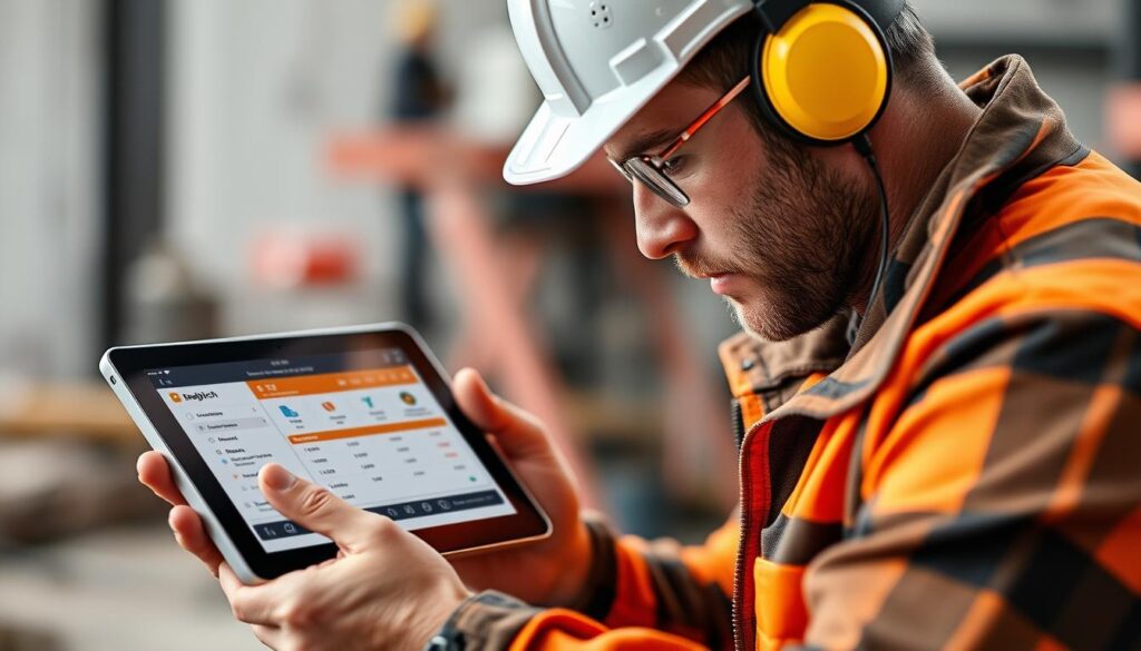 Generate an image of a tradesperson using a tablet with the Buddy Punch app open, highlighting its time-tracking features.